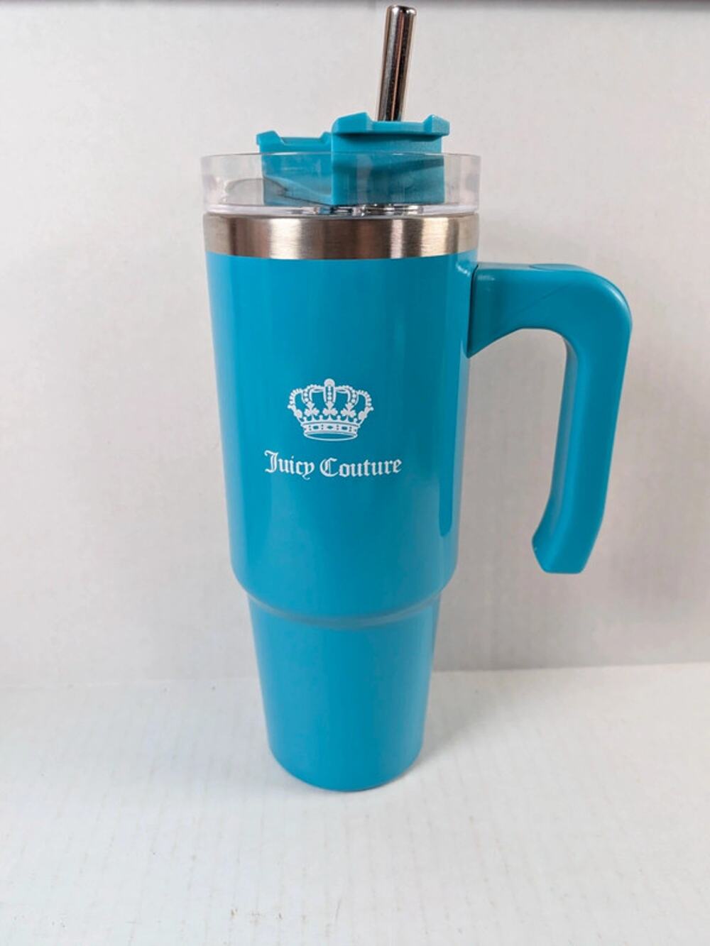 NEW Juicy Couture Teal Turquoise 30oz Tumbler Cup Crown Logo Handle Straw